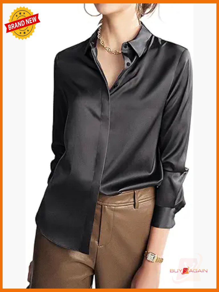 100% Mulberry Silk Blouse Long Sleeve Button Down Shirt Work Top